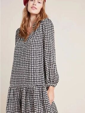 Maeve Anthropologie Dress Margaret Houndstooth Tunic Black and White Size Small